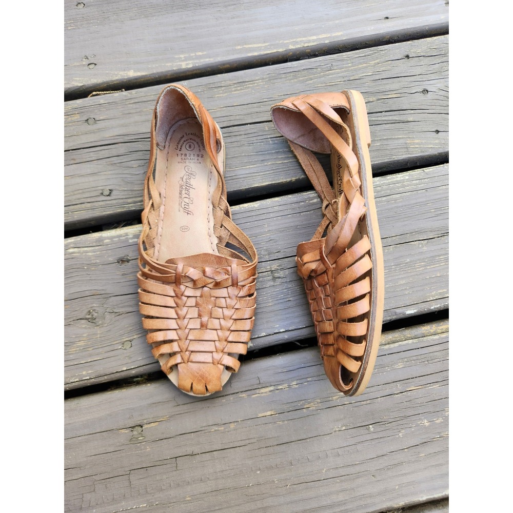 Vintage 90s Leather Craft Huarache Sandals Tan Woven Leather Flats Size 8